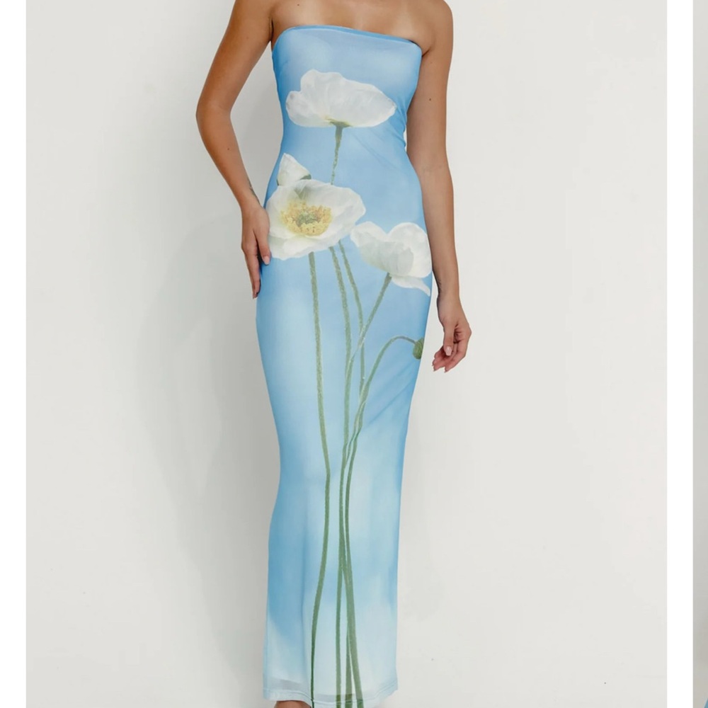 Strapless Blue Floral Maxi Dress
